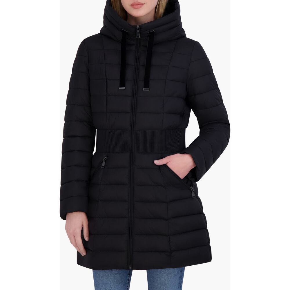 New Tahari Irene Hooded Puffer Jacket in Black Women's Size M